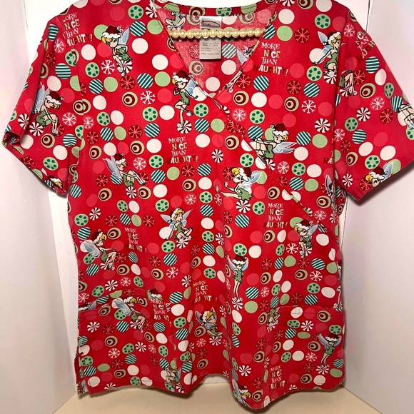 Vintage Disney Fairies Tinkerbell Christmas Scrub Top Size Large - Picture 1 of 7
